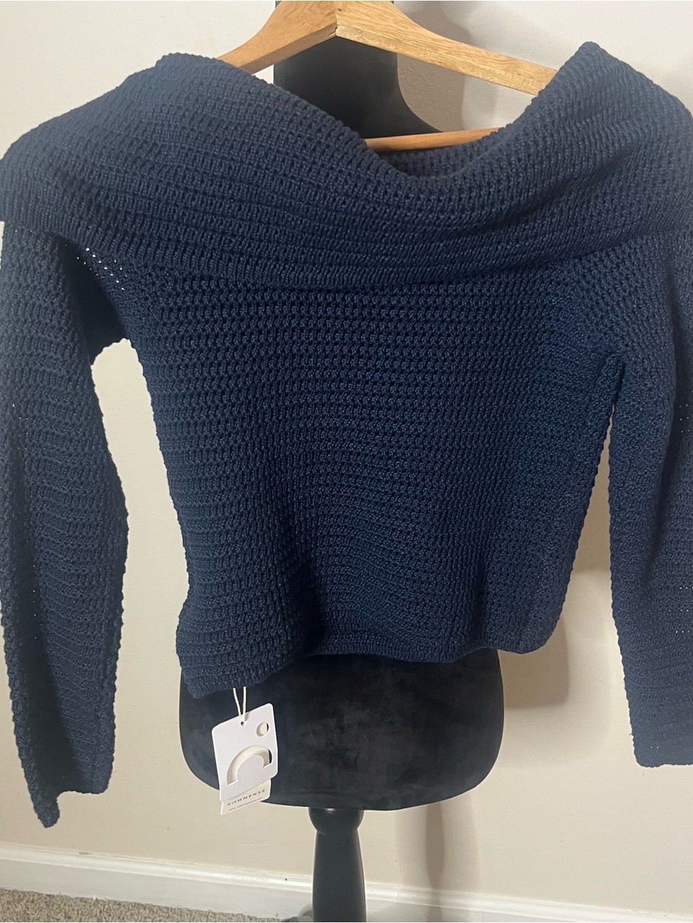 Commense Navy Off-the-Shoulder Diagonal Button Folded Collar Knit Sweater S~NWT - Picture 9 of 12
